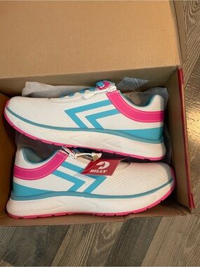 Billy Slip-Resistant Athletic Sneakers in White, Teal & Pink
